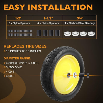 HQPASFY 2 Pack 16" Flat Free Tire 4.80/4.00-8 Wheelbarrow Tire and Wheel, 3" Centered Hub, 5/8" &