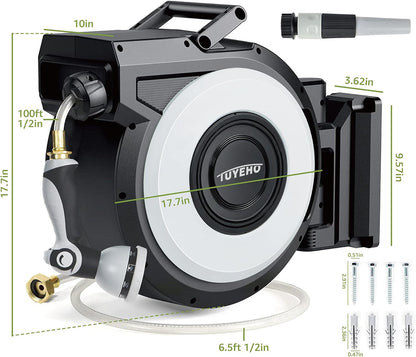 Tuyeho Retractable Garden Hose Reel 100FT, Wall Mount Heavy Duty Water Hose Reels with Automatic