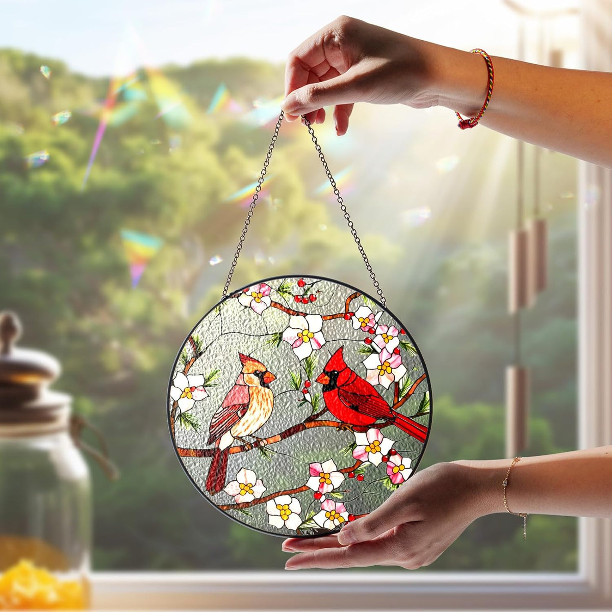 7.8" Cardinal Bird Stained Glass Suncatchers Art Glass Birds and Flowers for Sun Catcher Indoor