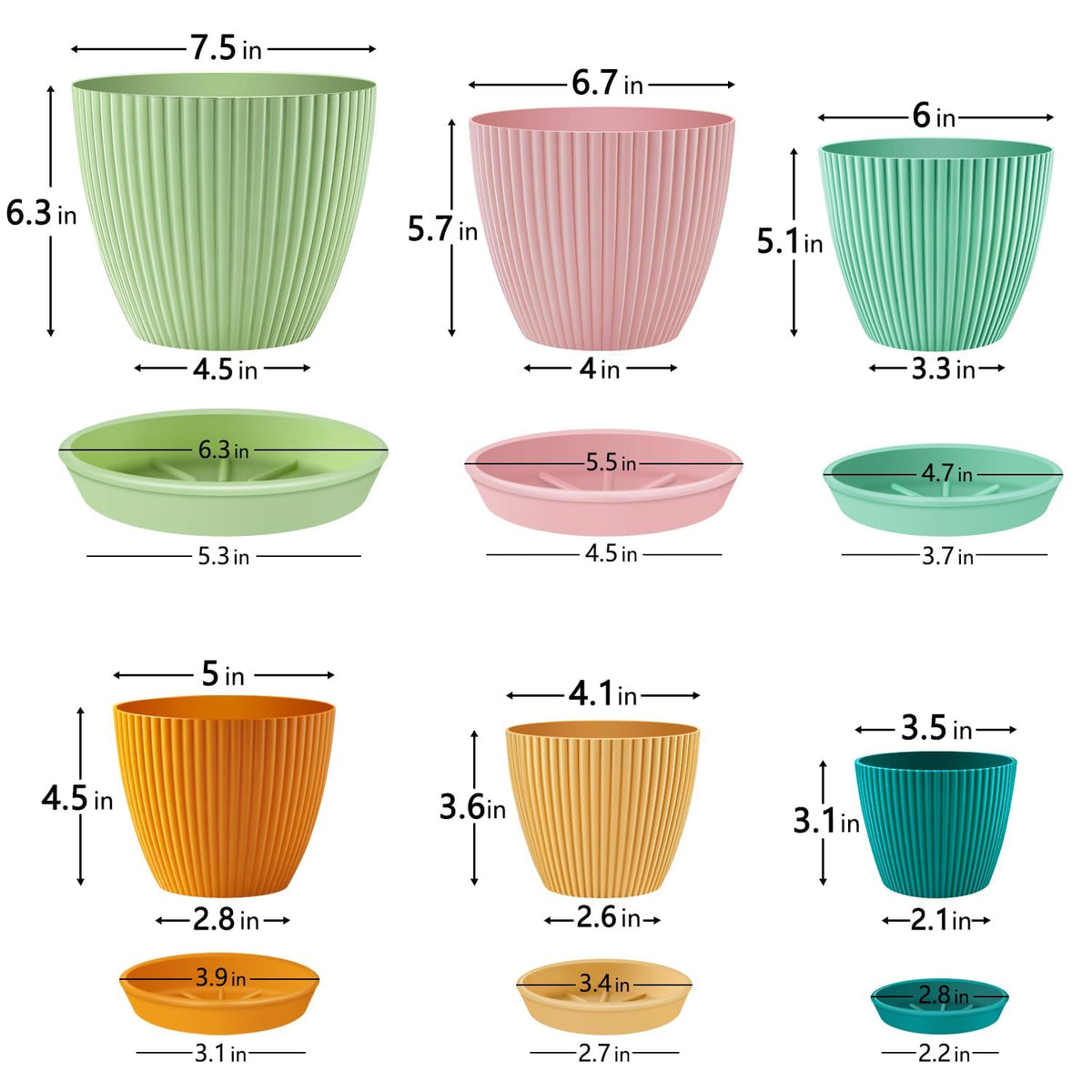 SupKing Plant Pots with Drainage Saucers 7.5/6.7/6/5/4/3.5 Inch Set of 6,Plastic Flower Pots
