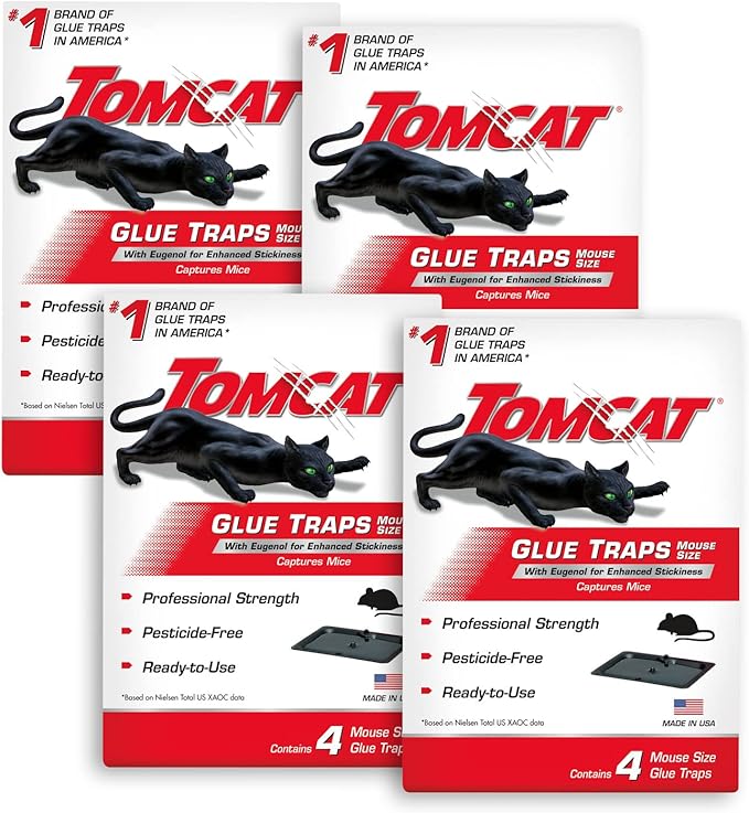 Tomcat Mouse Trap with Immediate Grip Glue for Mice, Cockroaches, and Spiders, Ready-to-Use, 4-Pack