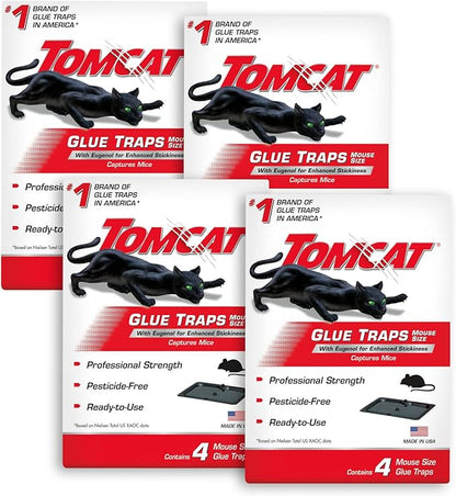 Tomcat Mouse Trap with Immediate Grip Glue for Mice, Cockroaches, and Spiders, Ready-to-Use, 4-Pack