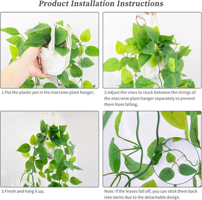 LOYWREE 1 Pack Artificial Hanging Plant Kit with Pot and Hanger - 39" Long Fake Pothos Vines