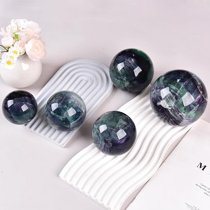 JIC Gem Natural Colorful Fluorite Crystal Sphere with Wooden Stand,Decorative Crystal Ball Fluorite