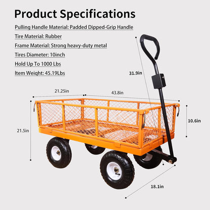 AAIN 1000 lbs Metal Garden Cart, Heavy Duty Garden Wagon with Removable Steel Mesh Sides, Utility