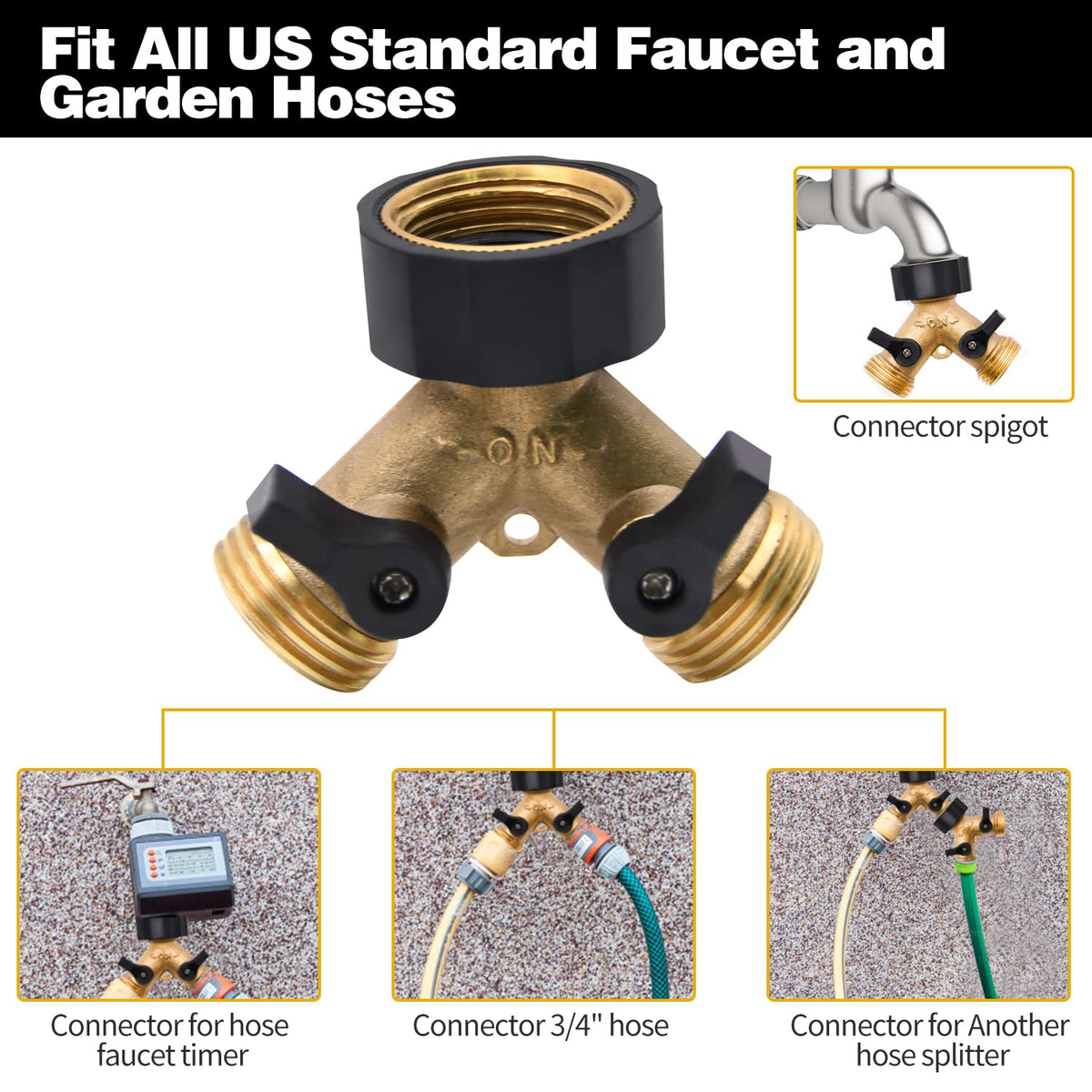 4 Pack Hose Splitter, 2 Way Heavy Duty Brass Garden Hose Splitter, for 3/4" Hose Connector, Brass