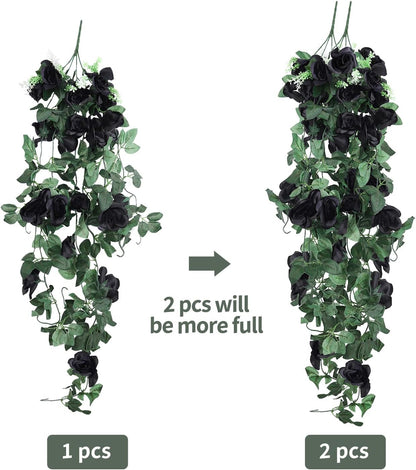 RECUTMS Hanging Flowers Black Artificial Rose Flower 2PCS 3.3Ft for Outdoors with 30 LED Fairy