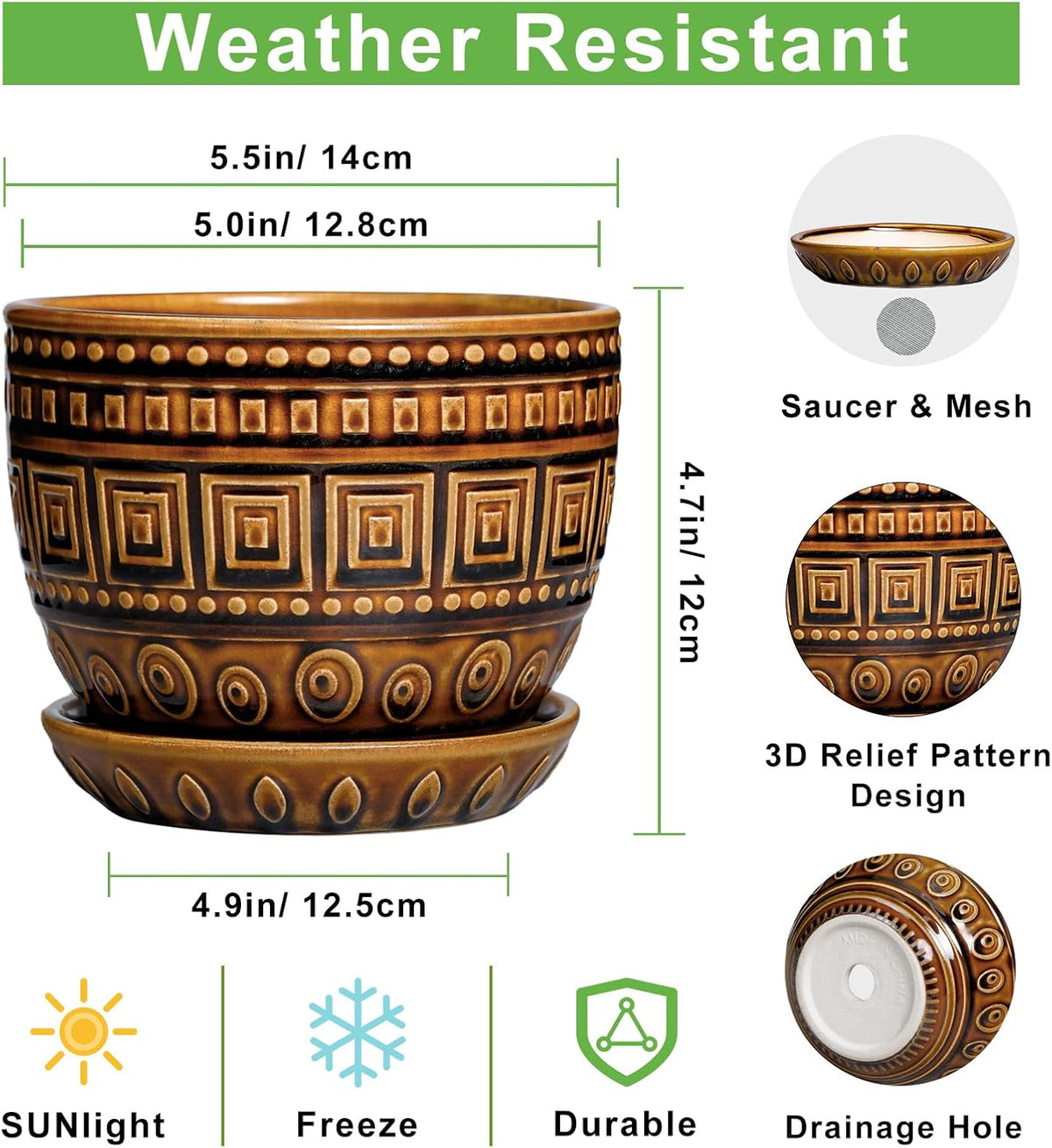 G EPGardening Succulent Pot 5.5 Inch - Ceramic Plant Pot for Indoor Plants Outdoor, Round Boho