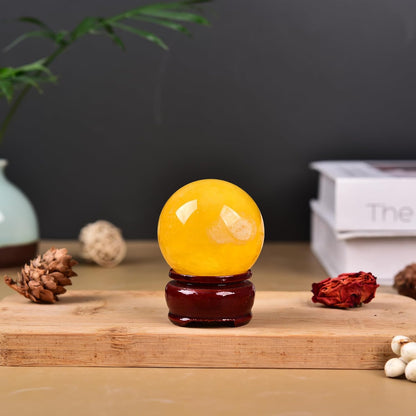 JIC Gem Natural Yellow Fluorite Crystal Sphere Crystal Decorative Ball with Wooden Stand Meditation
