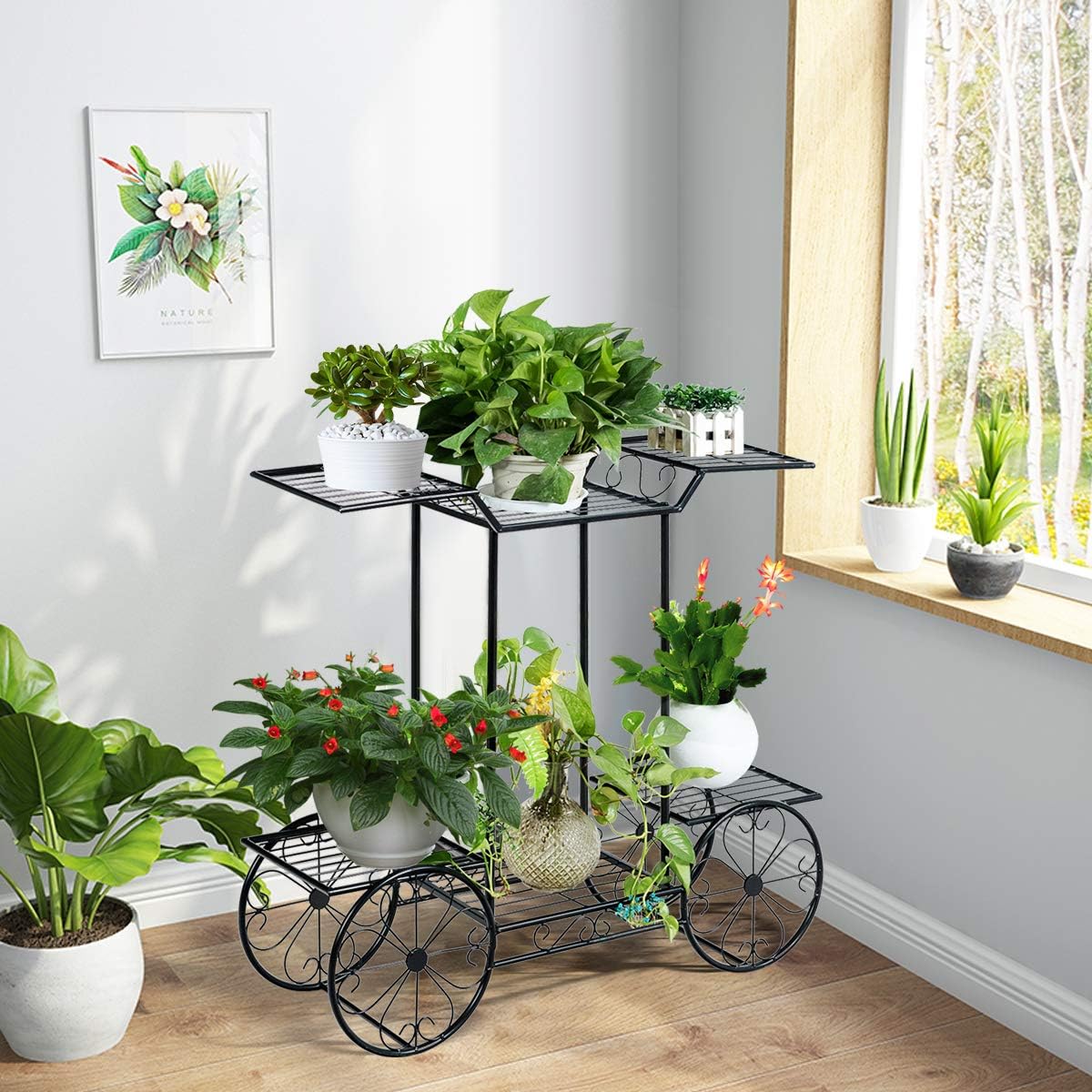 Giantex 6-Tier Plant Stand Flower Pot Holder Metal Flower Display Shelf with 4 Decorative Wheels