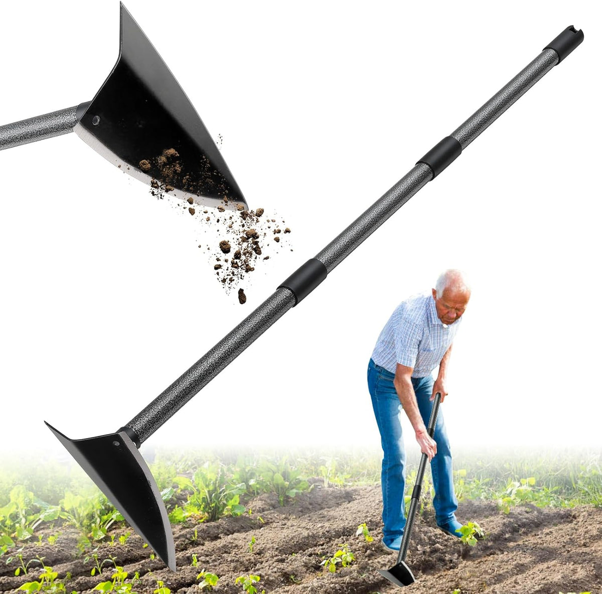 Garden Hoe, Heavy Duty Trenching Hoes with 60 Inch Long Handle, Sharp Edge Triangle Weeding Hoe