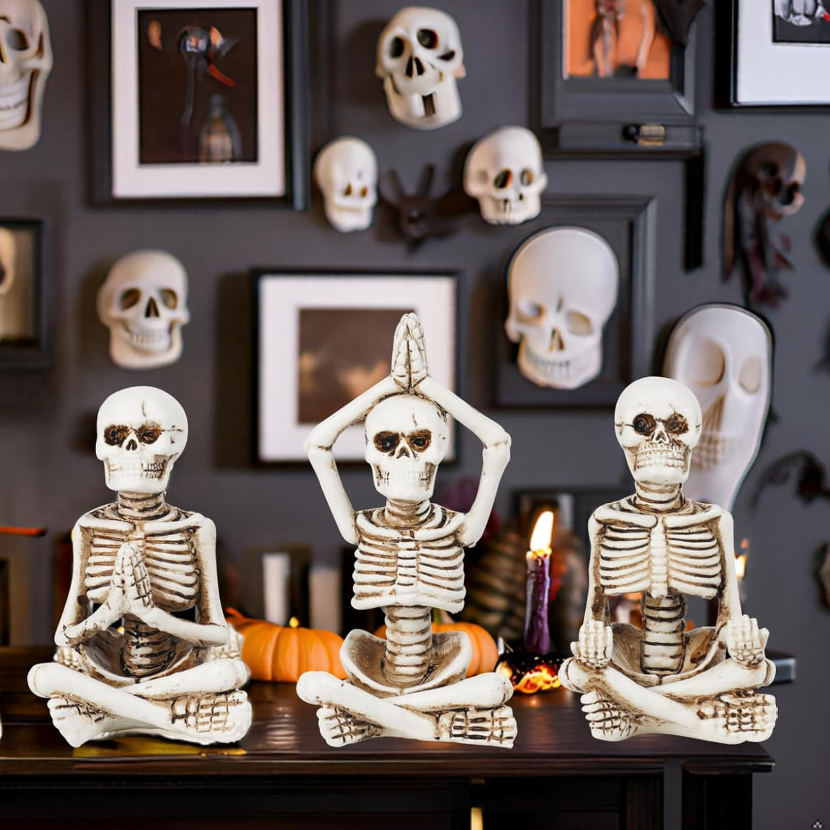 Newman House Studio Halloween Skeleton Decor - Realistic Meditating Skeleton Statues, Set of 3