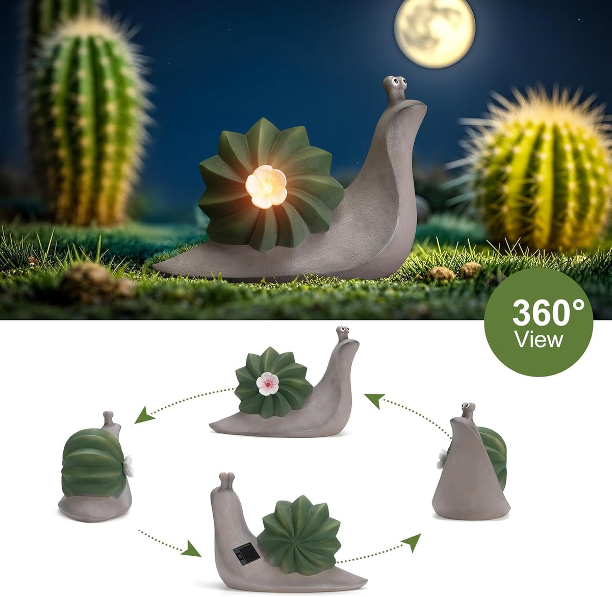 Solar Cactus Snail Statue Garden Decor Light - Outdoor Decorative LED Flower, Suitable for Patio