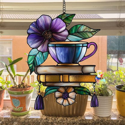 Hibiscus Tea Cup and Books Acrylic Suncatcher Stained Glass Effect Window Car Hanging Christmas