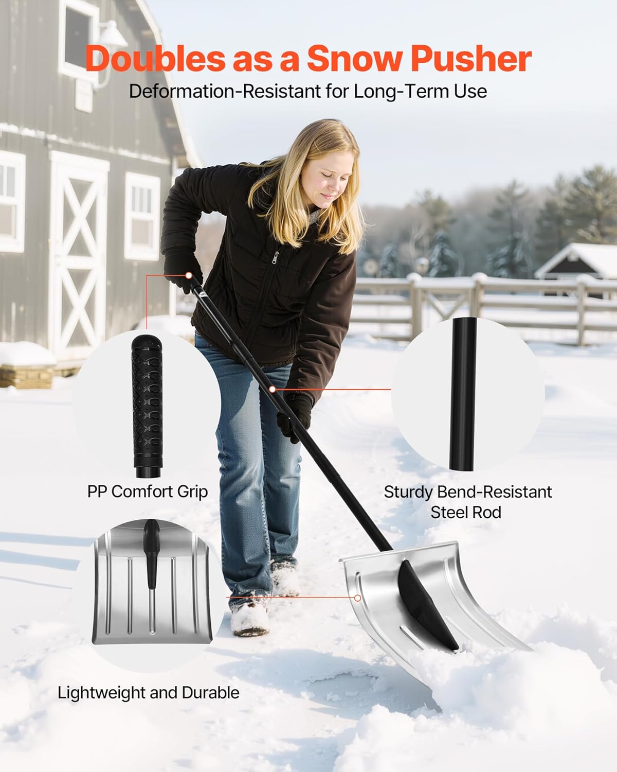 VEVOR Snow Shovel for Driveway, 16 in Wide Aluminum Alloy Snow Shovel, Non Slip Grip, Large