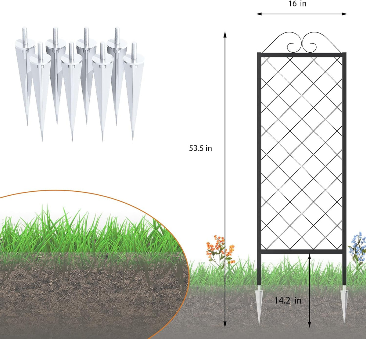 Zhongma 2 Pack Metal Garden Trellises for Climbing Plants, 53.5 Inch Tall Metal Fence Plant Support