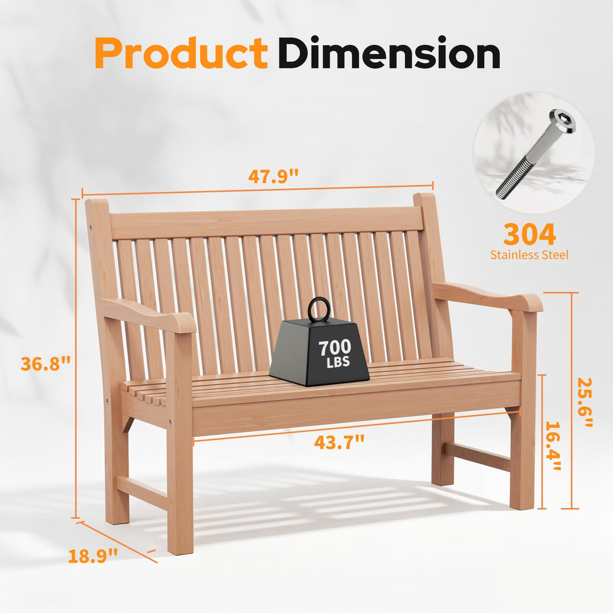 Psilvam 2-Person Outdoor Bench with 700 Lbs Weight Capacity, Teak