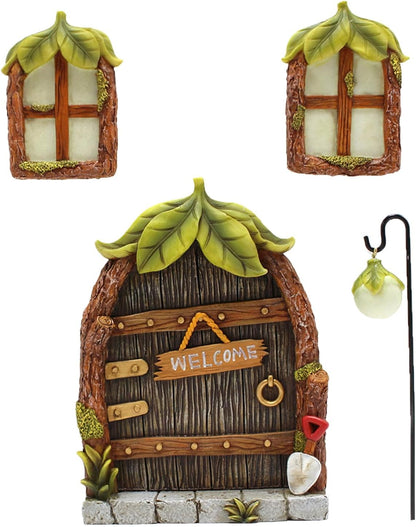 Fairy Door and Windows Garden Kit Accessories Outdoor, Glow in Dark Gnome House for Tree, Lawn Yard