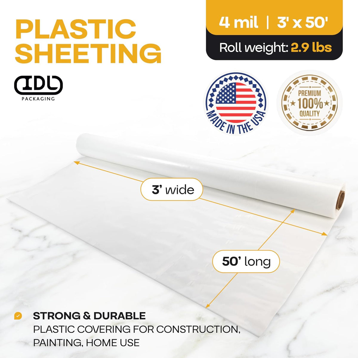 Plastic Sheeting 4 mil, 3' x 50' (150 sq. ft.) - Thick Semi-Clear Plastic Sheeting for Painting &