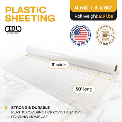 Plastic Sheeting 4 mil, 3' x 50' (150 sq. ft.) - Thick Semi-Clear Plastic Sheeting for Painting &