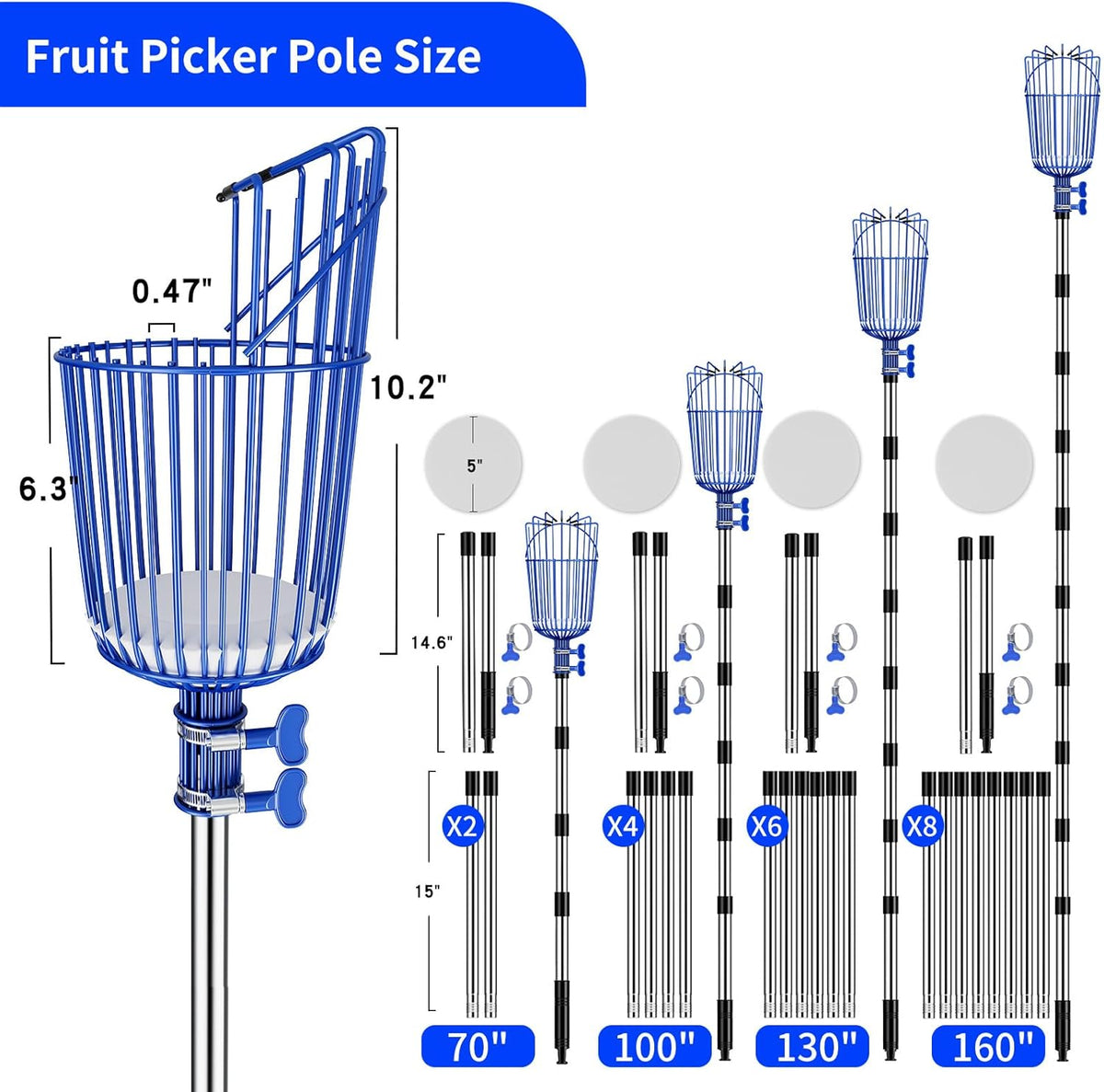 Fruit Picker Pole with Basket Segmented Fruit Picker Pole Tool for Apple Avocado Cherry Lemon Mango