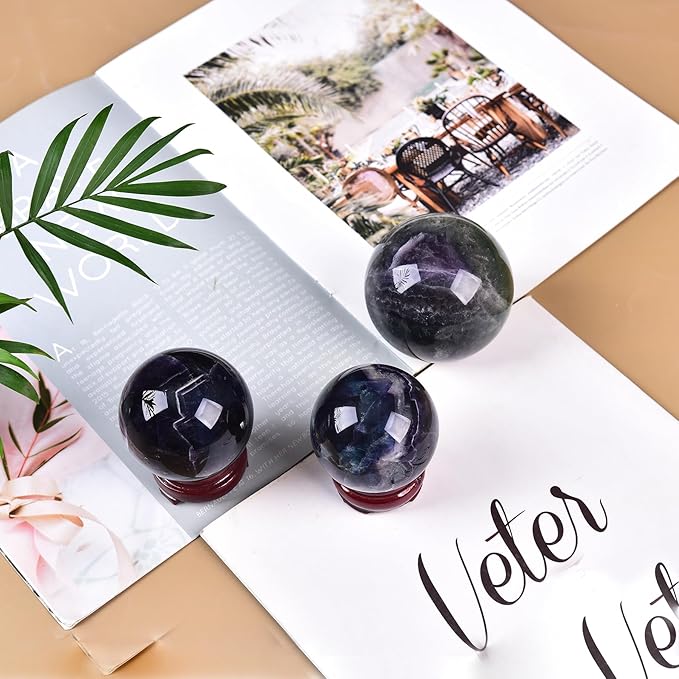JIC Gem Colorful Fluorite Crystal Ball with Wooden Stand Healing Crystal Sphere Ball for Feng Shui