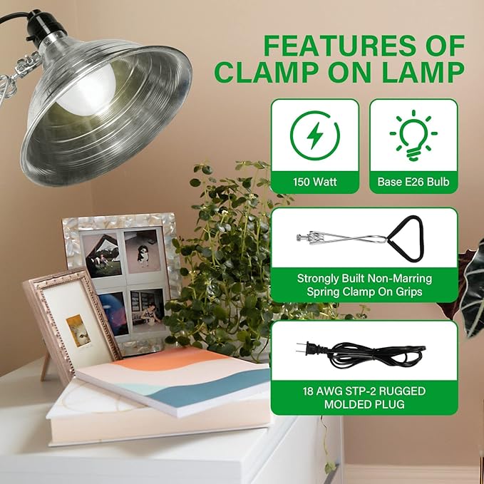 Simple Deluxe Clamp Lamp Light 150 Watt with 8.5 Inch Aluminum Reflector (no Bulb Included), 6 Feet