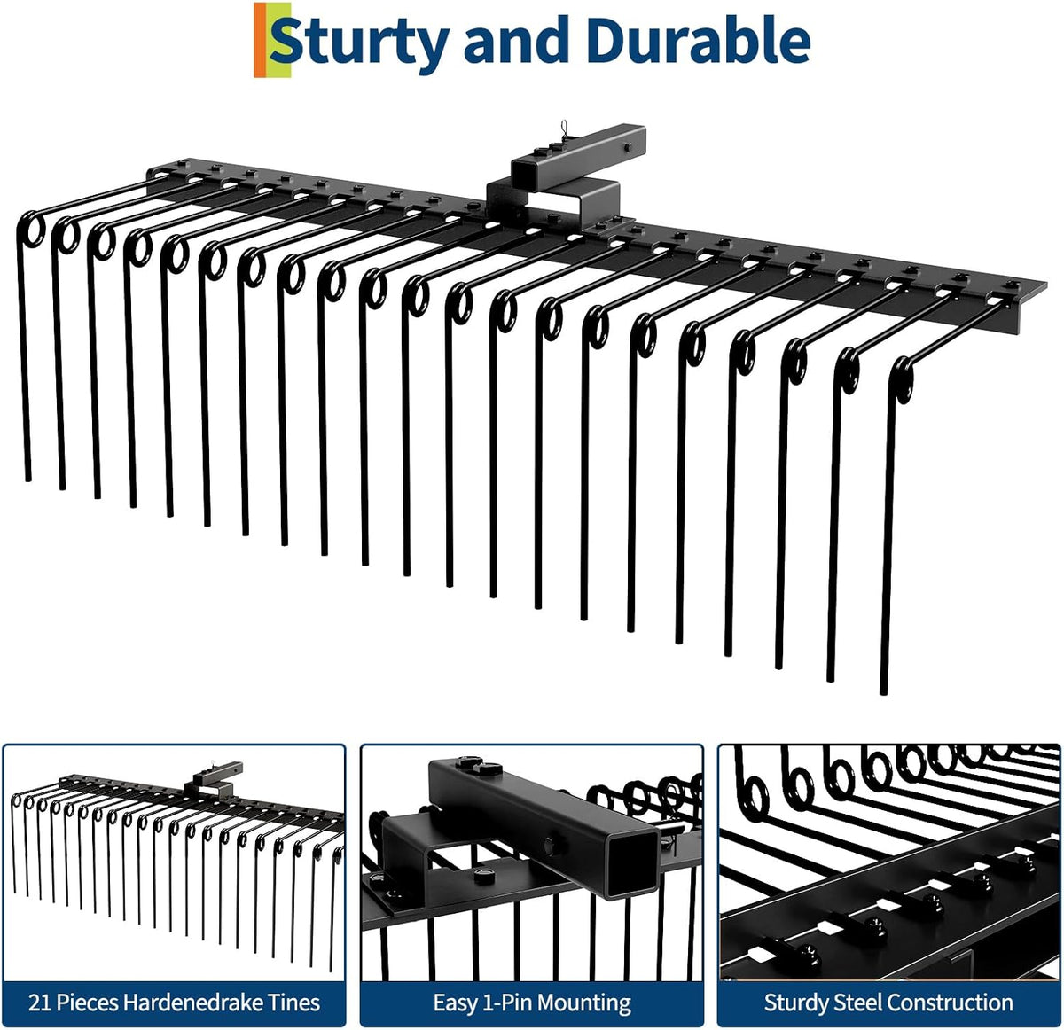 Tow Behind Landscape Rake, 60" Tow Dethatcher with 21 Steel Coil Tines, Lawn Dethatcher Rake