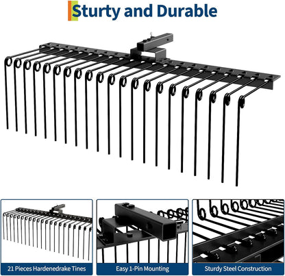 Tow Behind Landscape Rake, 60" Tow Dethatcher with 21 Steel Coil Tines, Lawn Dethatcher Rake