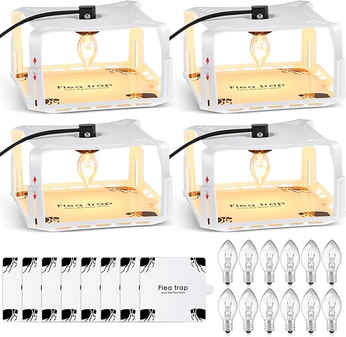 Qualirey 4 Packs Flea Traps for Inside Your Home with 8 Sticky Disc 12 Bulbs 4 Electric Wires, Pest