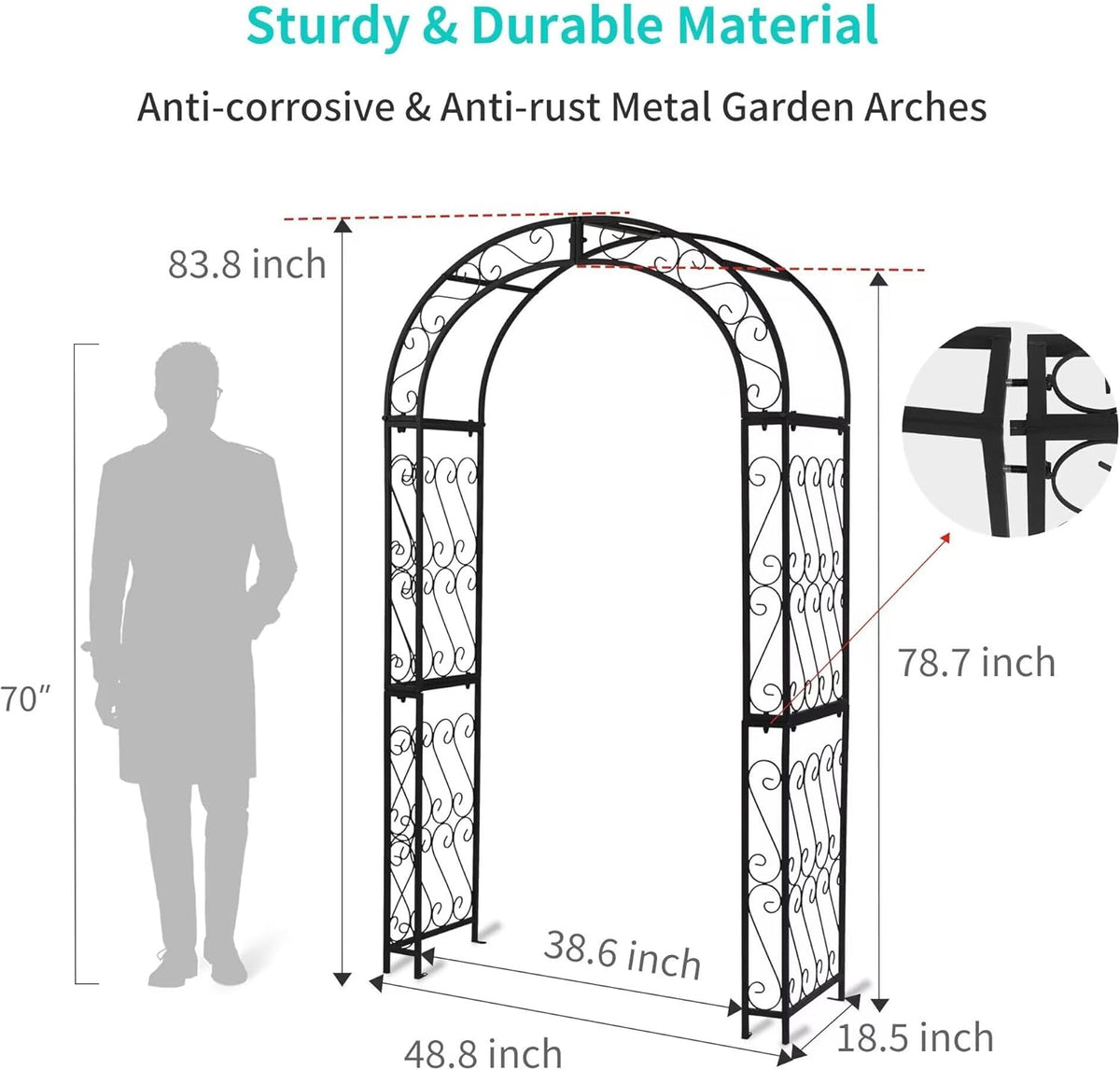 SCENDOR 48.8" W x 83.8" H Garden Arch, Black Sturdy Metal Iron Arbor, Courtyard Cast Trellis for