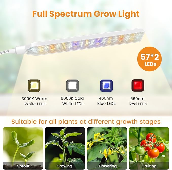 Grow Lights for Indoor Plants with Stand, 2-Heads Full Specturm Plant Grow Light with 4/8/12/16H