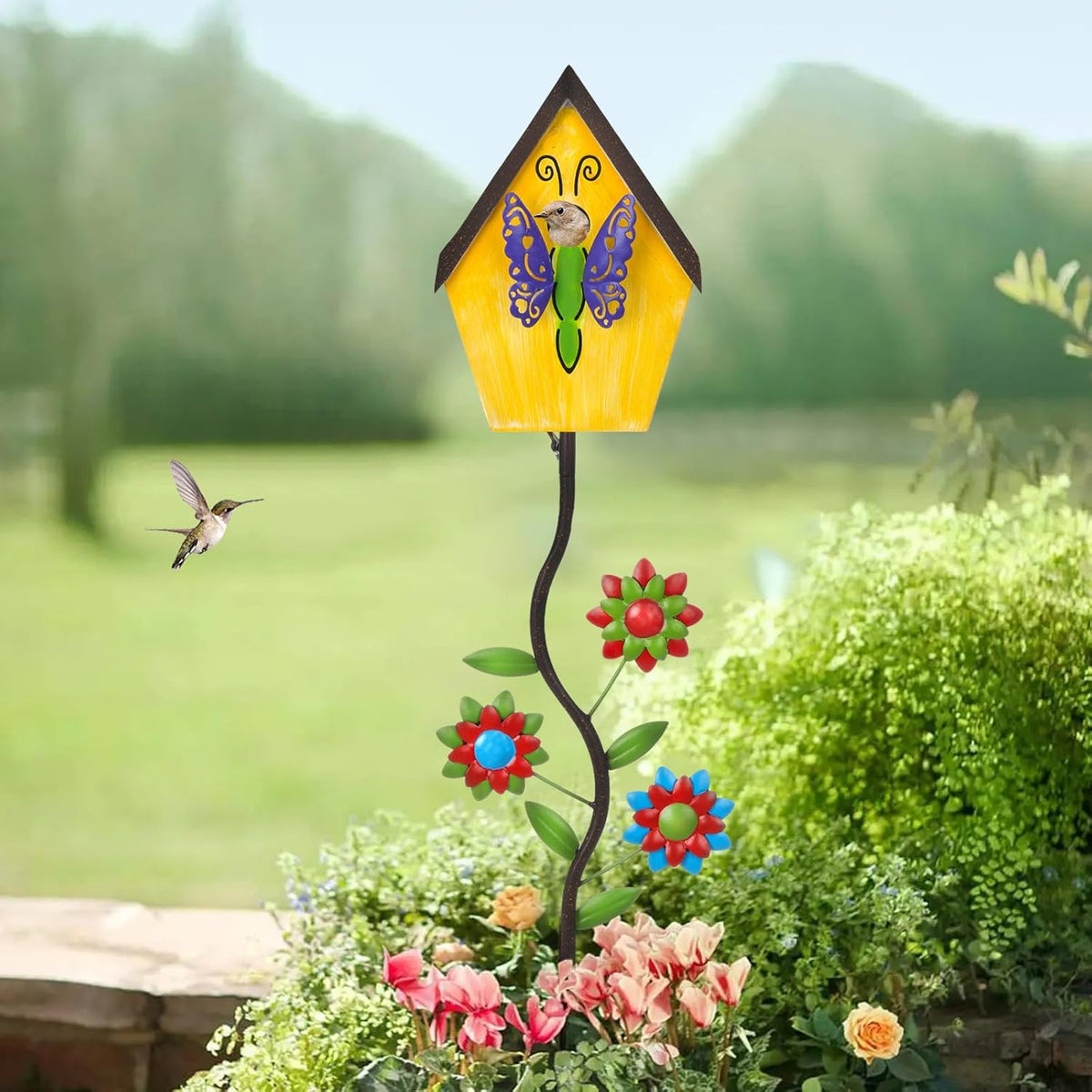 51” Bird Houses Stake for Outside, Metal Wild Bird Feeder Birdhouse Stake Pole with Butterfly