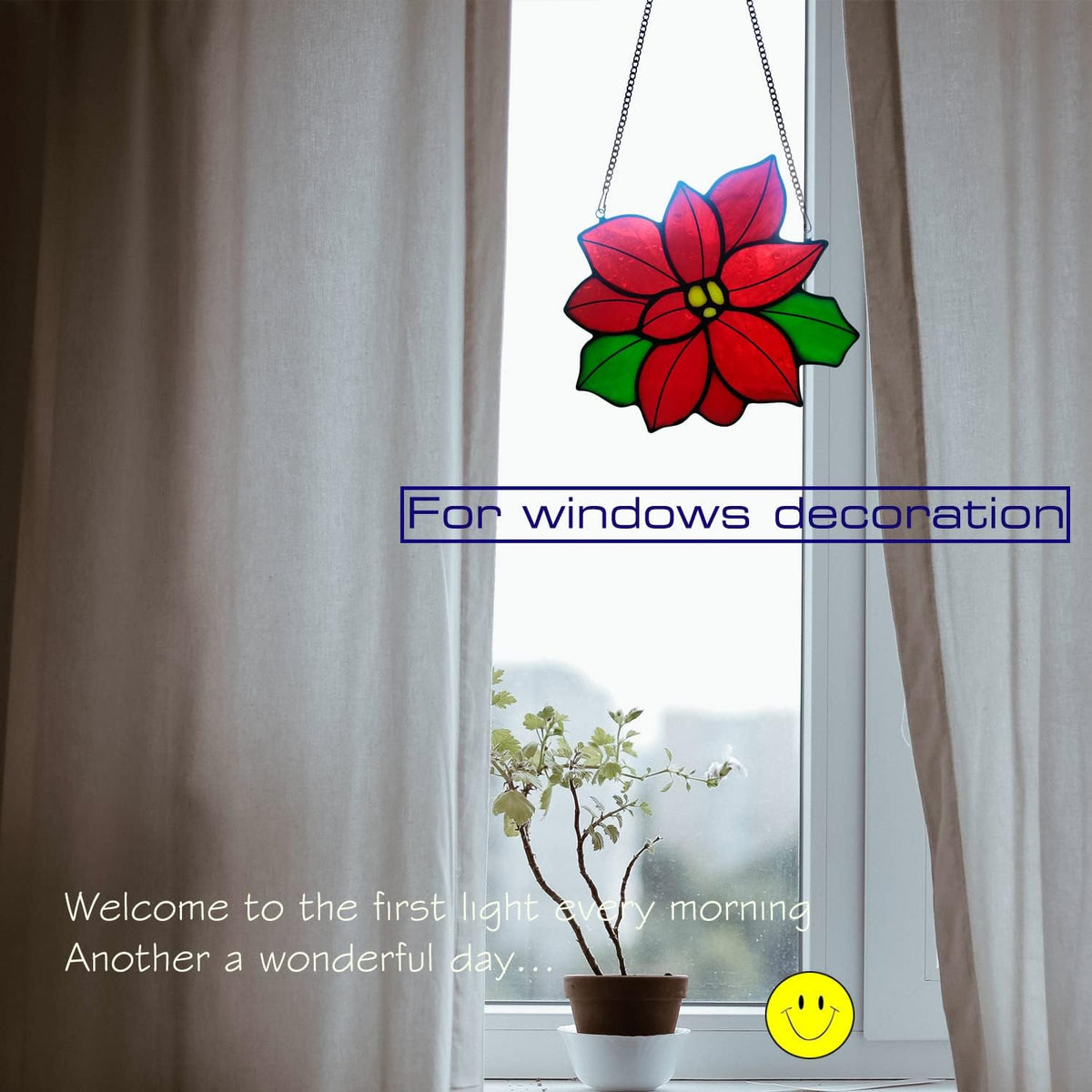 Stained Glass Poinsettia Flower Window Hanging Christmas Sun Catchers Holiday Decoration Window