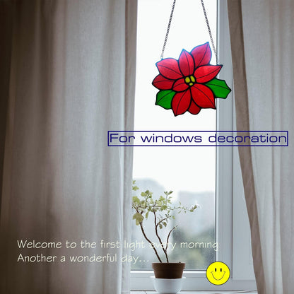 Stained Glass Poinsettia Flower Window Hanging Christmas Sun Catchers Holiday Decoration Window