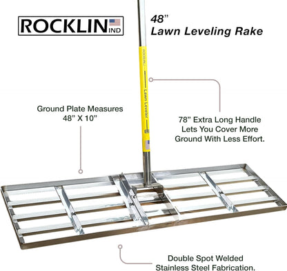 Rocklin™ Lawn Leveling Rake | Levelawn Tool | Level Soil or Dirt Ground Surfaces Easily | 48” x 10”