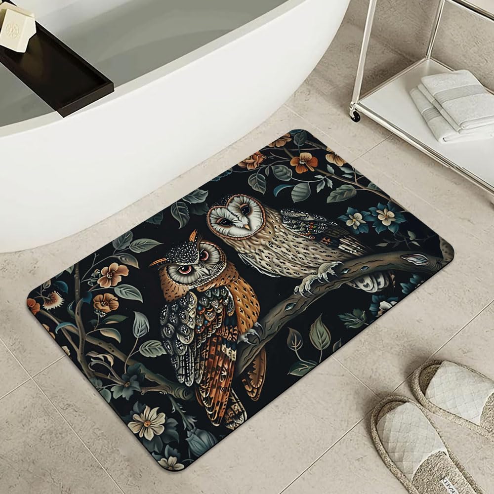Bath Mat-Bathroom Rug，Two Owls-Absorbent Non Slip Quick Dry Stain Resistant Easy to Clean Care