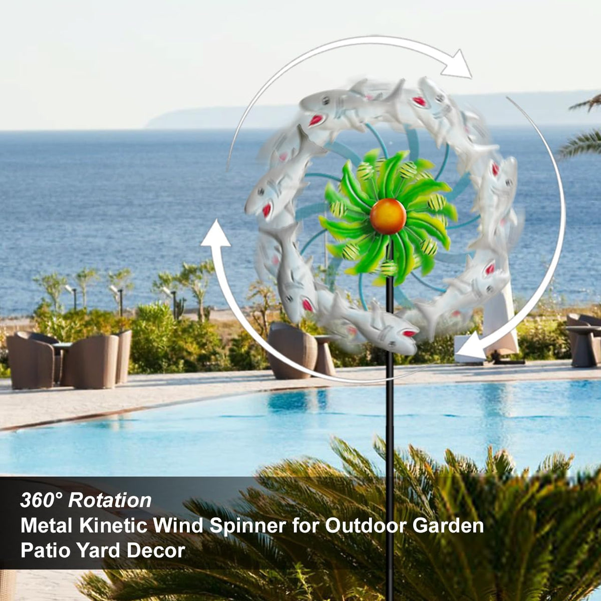 Shark Outdoor Wind Spinners - 39" Ocean-Themed Metal Wind Sculptures Garden Stake Art, 13.5”