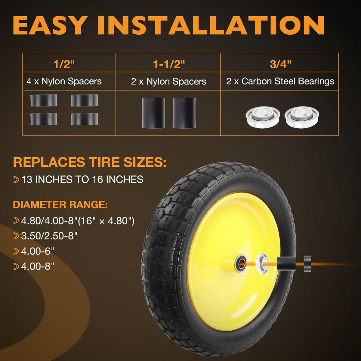HQPASFY 16" Flat Free Tire 4.80/4.00-8 Wheelbarrow Tire and Wheel, 3" Centered Hub, 5/8" & 3/4"