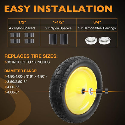 HQPASFY 16" Flat Free Tire 4.80/4.00-8 Wheelbarrow Tire and Wheel, 3" Centered Hub, 5/8" & 3/4"