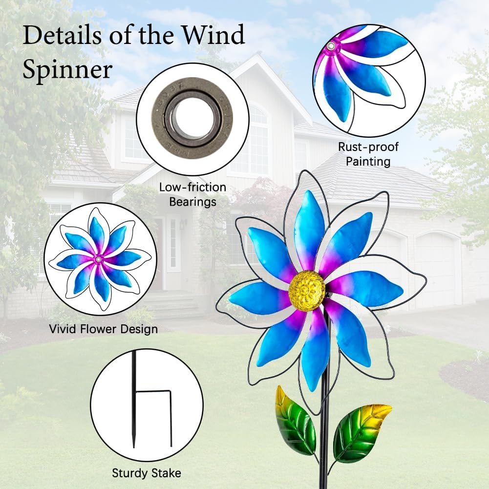 14'' Wind Spinners Outdoor, Flower Metal Garden Wind Spinners Outdoor, Kinetic Wind Sculptures &
