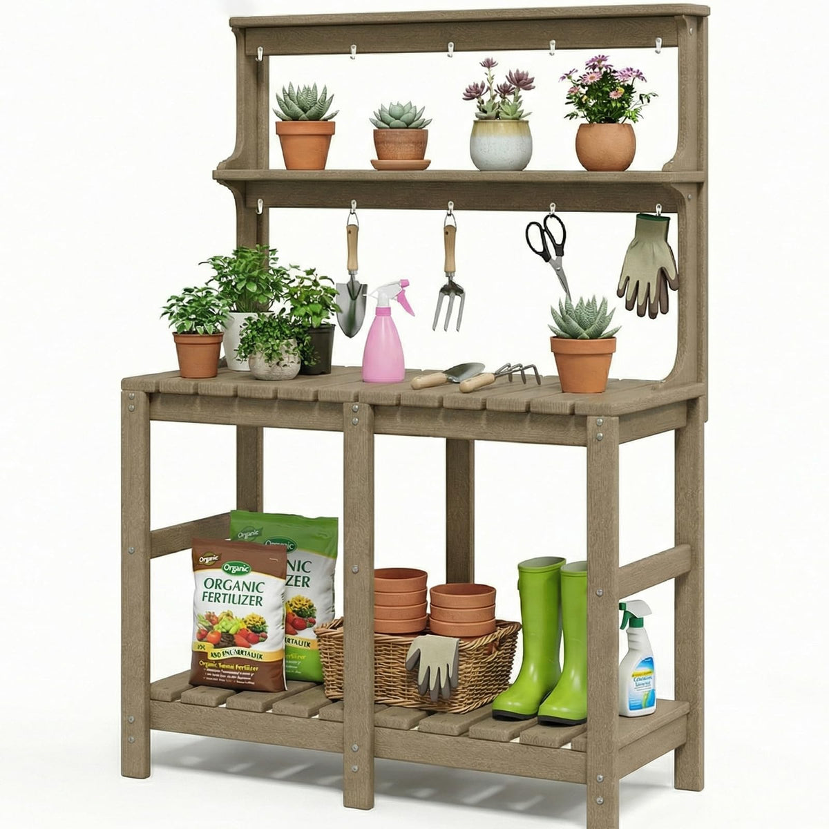 Polyhouz Outdoor Potting Bench with 3 Tier, All-Weather Patio Potting Table with Tool Hooks, HDPE