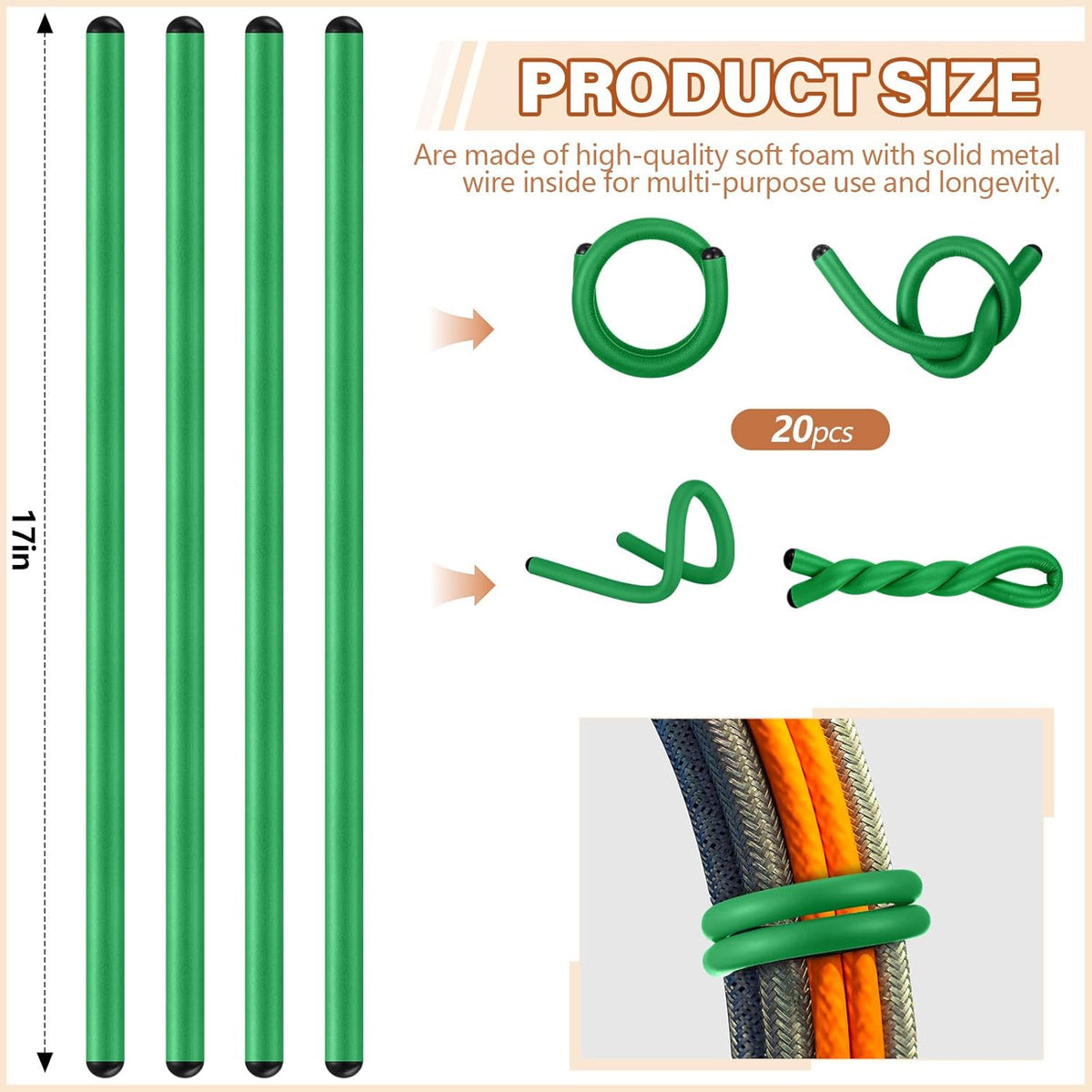 20 Pcs 17 Inch EVA Foam Twist Rubber Ties Reusable Bendable Cable Tie Straps Flexible Heavy Duty