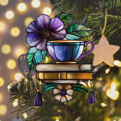 Hibiscus Tea Cup and Books Acrylic Suncatcher Stained Glass Effect Window Car Hanging Christmas