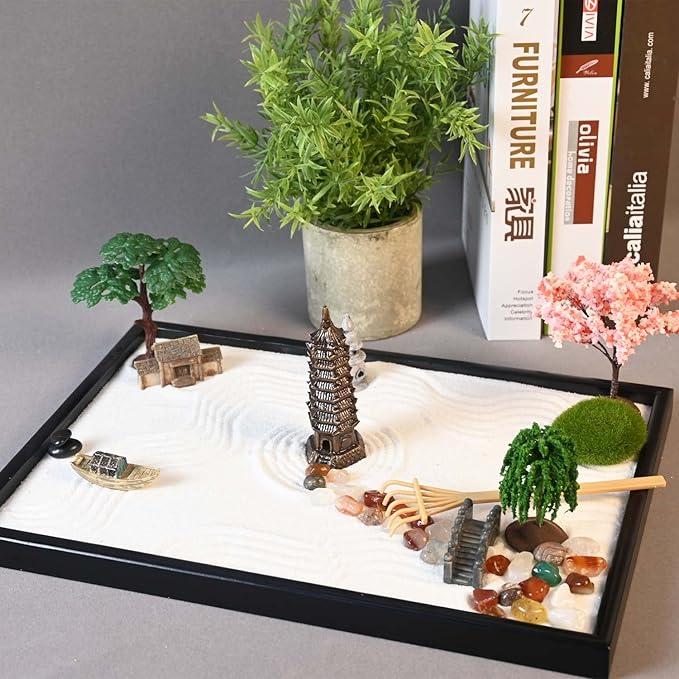 14" x 10" Large Japanese Zen Garden Kit for Desk – Includes 25+ Accessories: Sand Tray, Rake