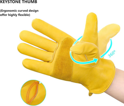 Leather Work Gloves for Men & Women, Reinforced Durable Gardening Gloves,Cowhide Work