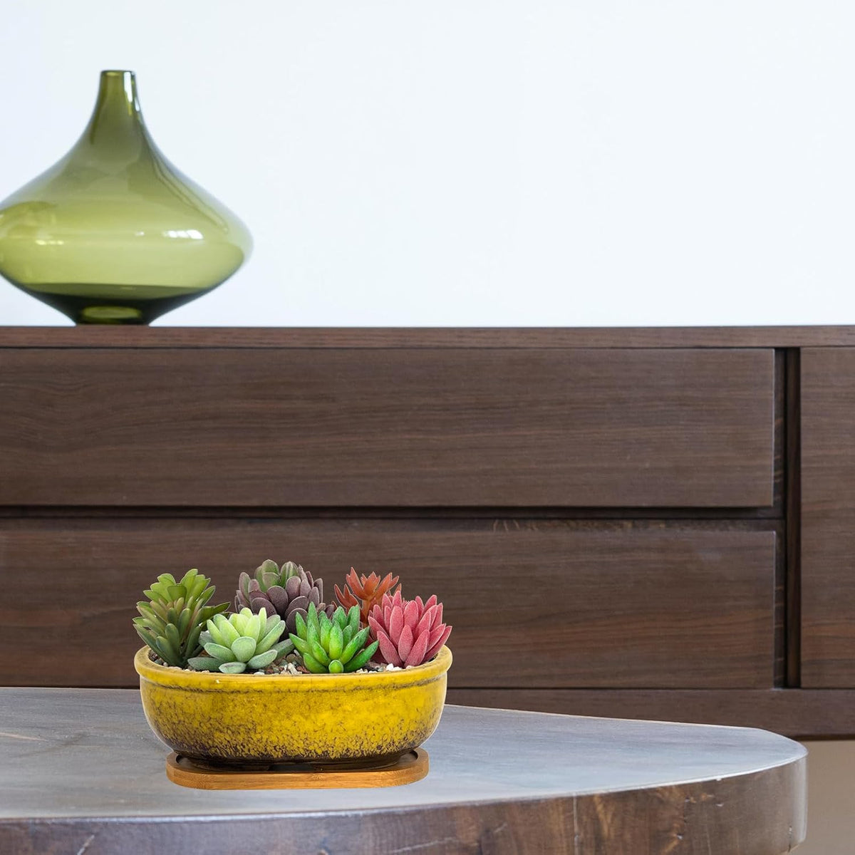 Succulent Pots, 7.9 Inch Long Rectangular Succulent Planters with Drainage Tray, Shallow Planters