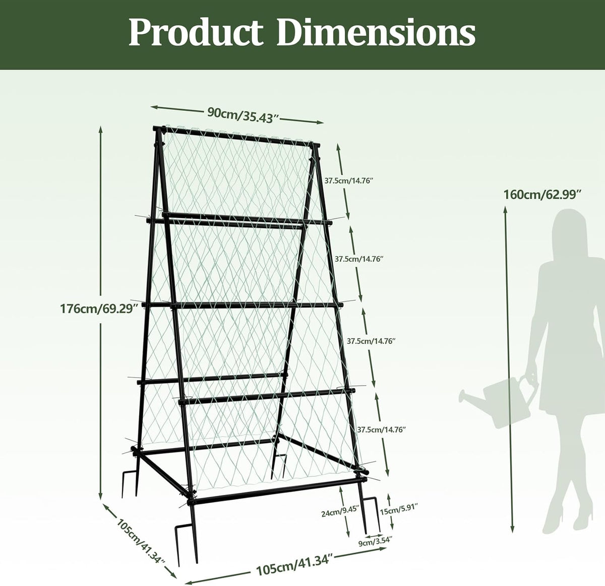 unho Garden Trellis for Climbing Plants with Tough Nylon Netting, 6ft Tall Sturdy Rustproof Metal