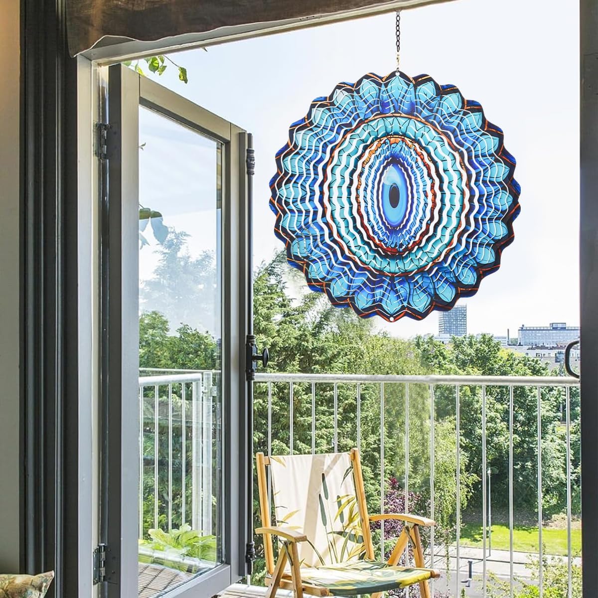3D Wind Spinner Mandala 10 Inch Evil Eye Stainless Steel Wind Sculpture Blue Hanging Ornament Laser