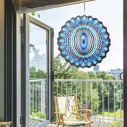 3D Wind Spinner Mandala 10 Inch Evil Eye Stainless Steel Wind Sculpture Blue Hanging Ornament Laser